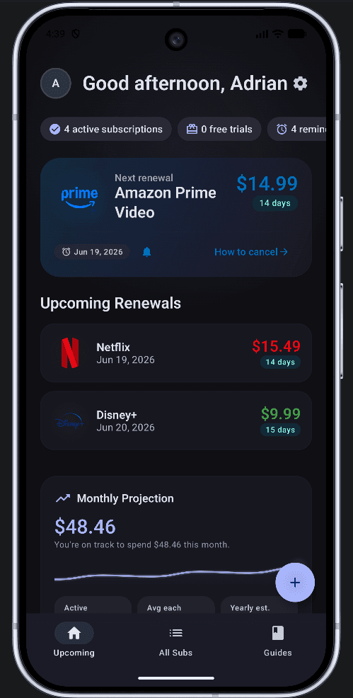Subli Android app in dark mode showing the next renewal, upcoming subscriptions, and monthly spending projection